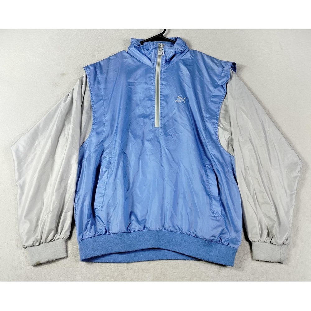 Vintage Puma Windbreaker Jacket Mens Large Blue Gray 1/2 Zip Nylon Colorblock